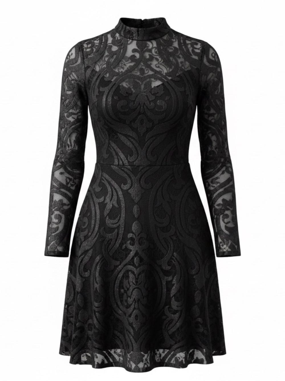GUESS Long-Sleeve Lace A-line Dress with High Neck in Black